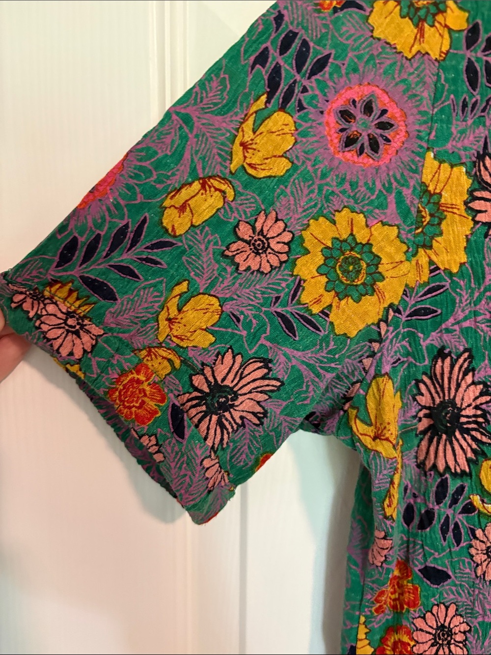 Anthropologie Akemi + Kin Floral Split-Pane Peplum Tunic in Teal, Pink, Mustard - Picture 5 of 6